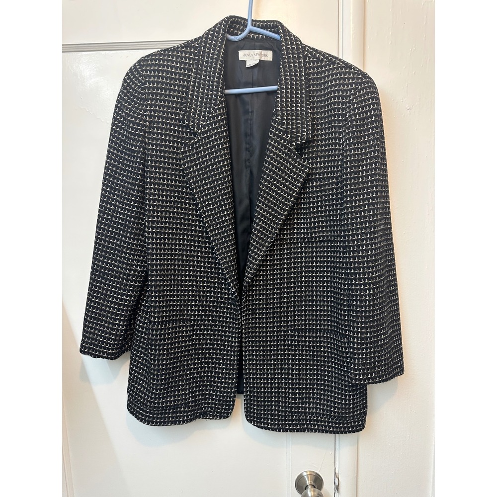 Jones New York Vintage Blazer Black White Gold Textured L Longline Made in USA